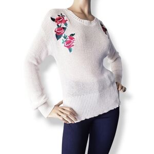 White & Red Floral Embroidered Semi-Sheer Sweater by Style Apparel